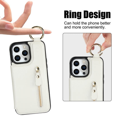 For iPhone 15 Pro Litchi Texture Zipper Double Buckle Card Bag Phone Case(White) - iPhone 15 Pro Cases by buy2fix | Online Shopping UK | buy2fix