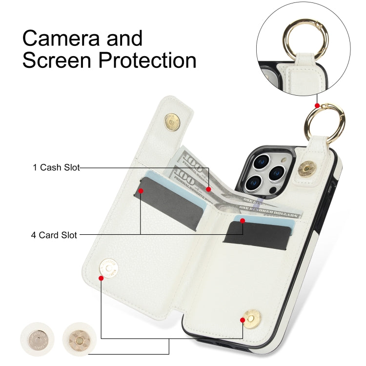 For iPhone 15 Pro Litchi Texture Zipper Double Buckle Card Bag Phone Case(White) - iPhone 15 Pro Cases by buy2fix | Online Shopping UK | buy2fix