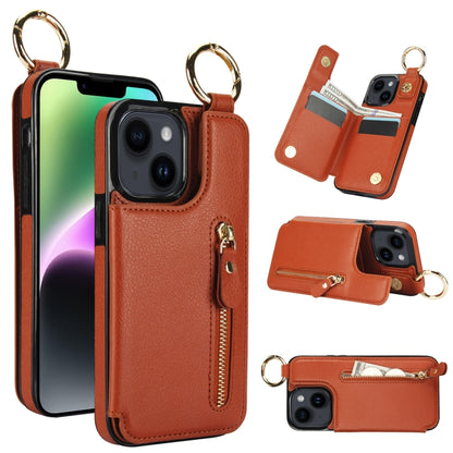 For iPhone 14 Plus Litchi Texture Zipper Double Buckle Card Bag Phone Case(Brown) - iPhone 14 Plus Cases by buy2fix | Online Shopping UK | buy2fix
