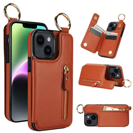For iPhone 14 Plus Litchi Texture Zipper Double Buckle Card Bag Phone Case(Brown) - iPhone 14 Plus Cases by buy2fix | Online Shopping UK | buy2fix