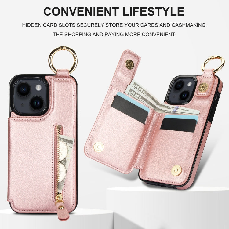 For iPhone 14 Plus Litchi Texture Zipper Double Buckle Card Bag Phone Case(Rose Gold) - iPhone 14 Plus Cases by buy2fix | Online Shopping UK | buy2fix