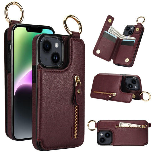 For iPhone 14 Plus Litchi Texture Zipper Double Buckle Card Bag Phone Case(Maroon Red) - iPhone 14 Plus Cases by buy2fix | Online Shopping UK | buy2fix
