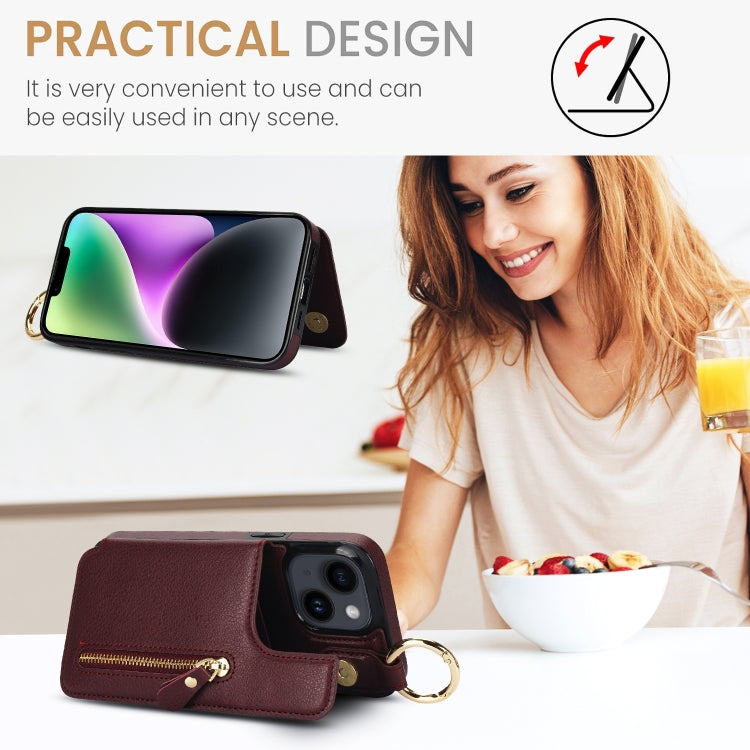 For iPhone 14 Plus Litchi Texture Zipper Double Buckle Card Bag Phone Case(Maroon Red) - iPhone 14 Plus Cases by buy2fix | Online Shopping UK | buy2fix