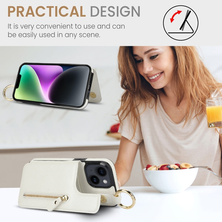 For iPhone 14 Plus Litchi Texture Zipper Double Buckle Card Bag Phone Case(White) - iPhone 14 Plus Cases by buy2fix | Online Shopping UK | buy2fix