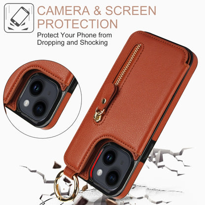 For iPhone 14 Litchi Texture Zipper Double Buckle Card Bag Phone Case(Brown) - iPhone 14 Cases by buy2fix | Online Shopping UK | buy2fix
