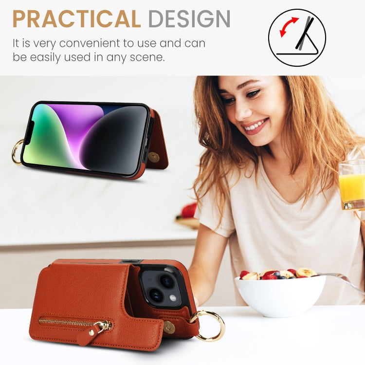 For iPhone 14 Litchi Texture Zipper Double Buckle Card Bag Phone Case(Brown) - iPhone 14 Cases by buy2fix | Online Shopping UK | buy2fix
