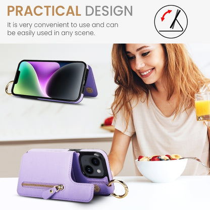For iPhone 14 Litchi Texture Zipper Double Buckle Card Bag Phone Case(Purple) - iPhone 14 Cases by buy2fix | Online Shopping UK | buy2fix