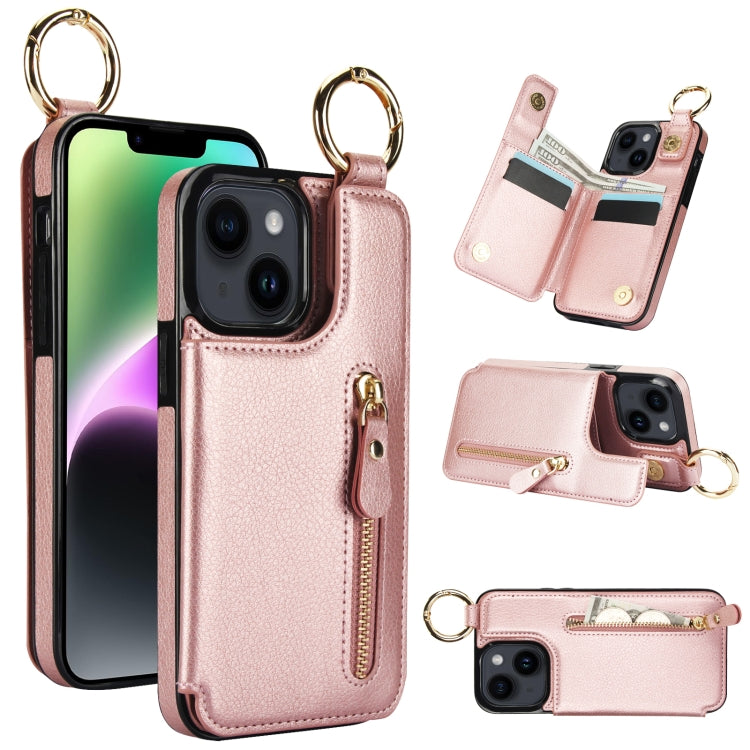 For iPhone 14 Litchi Texture Zipper Double Buckle Card Bag Phone Case(Rose Gold) - iPhone 14 Cases by buy2fix | Online Shopping UK | buy2fix