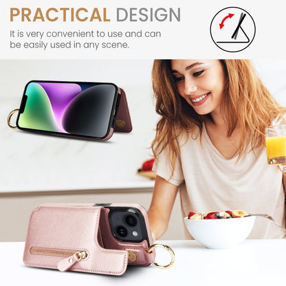 For iPhone 14 Litchi Texture Zipper Double Buckle Card Bag Phone Case(Rose Gold) - iPhone 14 Cases by buy2fix | Online Shopping UK | buy2fix