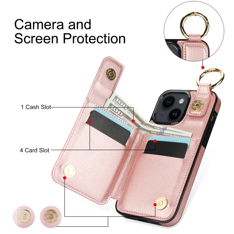 For iPhone 14 Litchi Texture Zipper Double Buckle Card Bag Phone Case(Rose Gold) - iPhone 14 Cases by buy2fix | Online Shopping UK | buy2fix
