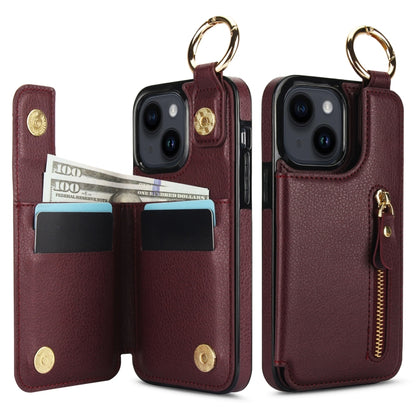 For iPhone 14 Litchi Texture Zipper Double Buckle Card Bag Phone Case(Maroon Red) - iPhone 14 Cases by buy2fix | Online Shopping UK | buy2fix