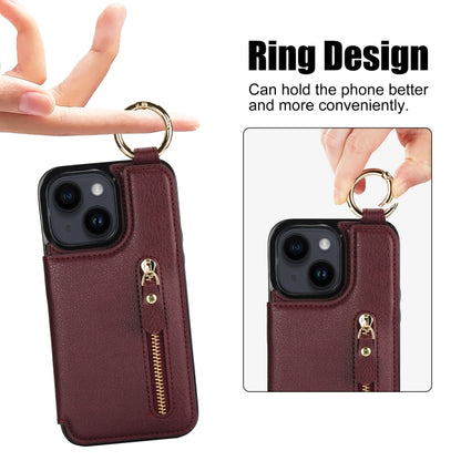 For iPhone 14 Litchi Texture Zipper Double Buckle Card Bag Phone Case(Maroon Red) - iPhone 14 Cases by buy2fix | Online Shopping UK | buy2fix