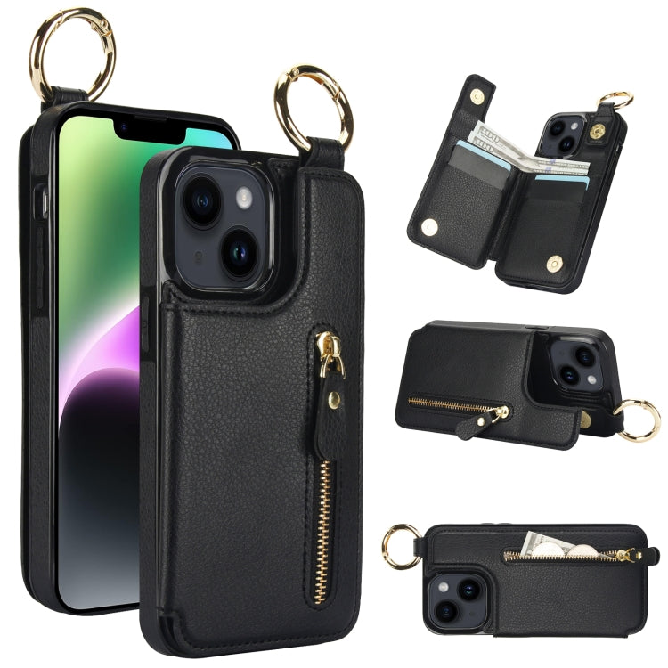 For iPhone 14 Litchi Texture Zipper Double Buckle Card Bag Phone Case(Black) - iPhone 14 Cases by buy2fix | Online Shopping UK | buy2fix
