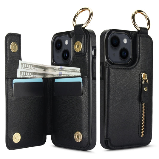For iPhone 14 Litchi Texture Zipper Double Buckle Card Bag Phone Case(Black) - iPhone 14 Cases by buy2fix | Online Shopping UK | buy2fix