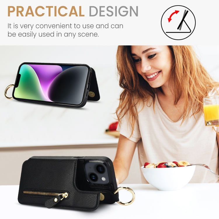 For iPhone 14 Litchi Texture Zipper Double Buckle Card Bag Phone Case(Black) - iPhone 14 Cases by buy2fix | Online Shopping UK | buy2fix