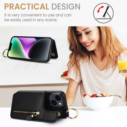 For iPhone 14 Litchi Texture Zipper Double Buckle Card Bag Phone Case(Black) - iPhone 14 Cases by buy2fix | Online Shopping UK | buy2fix