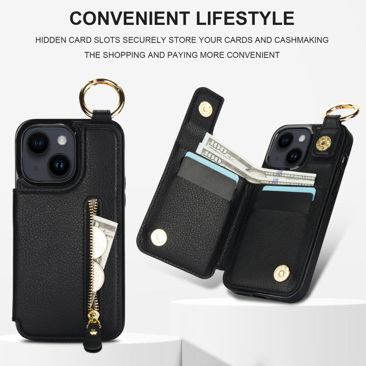 For iPhone 14 Litchi Texture Zipper Double Buckle Card Bag Phone Case(Black) - iPhone 14 Cases by buy2fix | Online Shopping UK | buy2fix