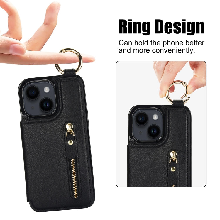 For iPhone 14 Litchi Texture Zipper Double Buckle Card Bag Phone Case(Black) - iPhone 14 Cases by buy2fix | Online Shopping UK | buy2fix