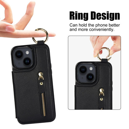 For iPhone 14 Litchi Texture Zipper Double Buckle Card Bag Phone Case(Black) - iPhone 14 Cases by buy2fix | Online Shopping UK | buy2fix