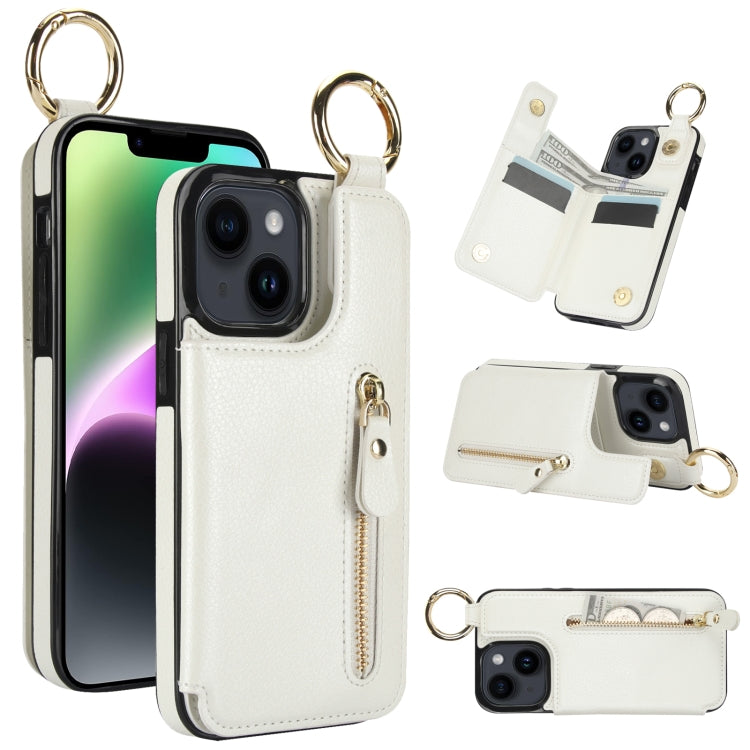For iPhone 14 Litchi Texture Zipper Double Buckle Card Bag Phone Case(White) - iPhone 14 Cases by buy2fix | Online Shopping UK | buy2fix