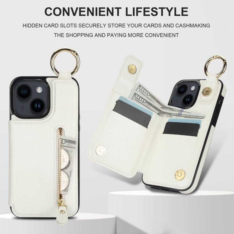 For iPhone 14 Litchi Texture Zipper Double Buckle Card Bag Phone Case(White) - iPhone 14 Cases by buy2fix | Online Shopping UK | buy2fix
