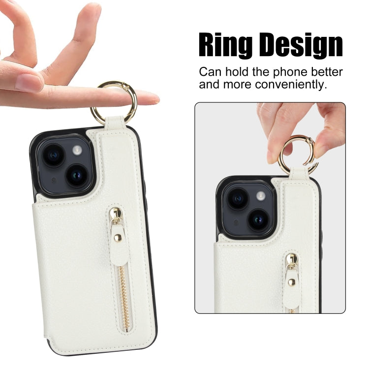 For iPhone 14 Litchi Texture Zipper Double Buckle Card Bag Phone Case(White) - iPhone 14 Cases by buy2fix | Online Shopping UK | buy2fix