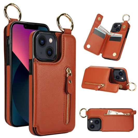 For iPhone 13 Litchi Texture Zipper Double Buckle Card Bag Phone Case(Brown) - iPhone 13 Cases by buy2fix | Online Shopping UK | buy2fix