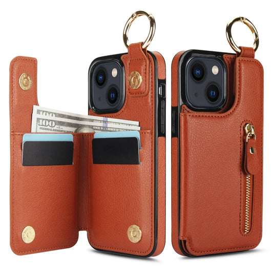 For iPhone 13 Litchi Texture Zipper Double Buckle Card Bag Phone Case(Brown) - iPhone 13 Cases by buy2fix | Online Shopping UK | buy2fix