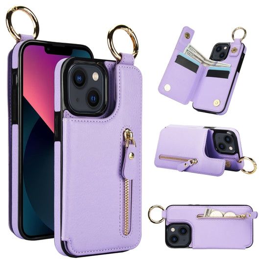 For iPhone 13 Litchi Texture Zipper Double Buckle Card Bag Phone Case(Purple) - iPhone 13 Cases by buy2fix | Online Shopping UK | buy2fix