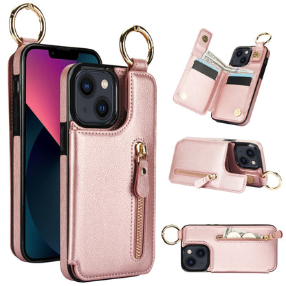 For iPhone 13 Litchi Texture Zipper Double Buckle Card Bag Phone Case(Rose Gold) - iPhone 13 Cases by buy2fix | Online Shopping UK | buy2fix