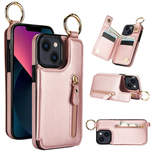 For iPhone 13 Litchi Texture Zipper Double Buckle Card Bag Phone Case(Rose Gold) - iPhone 13 Cases by buy2fix | Online Shopping UK | buy2fix