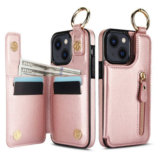 For iPhone 13 Litchi Texture Zipper Double Buckle Card Bag Phone Case(Rose Gold) - iPhone 13 Cases by buy2fix | Online Shopping UK | buy2fix