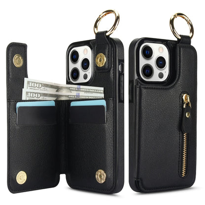 For iPhone 12 Pro Litchi Texture Zipper Double Buckle Card Bag Phone Case(Black) - iPhone 12 / 12 Pro Cases by buy2fix | Online Shopping UK | buy2fix