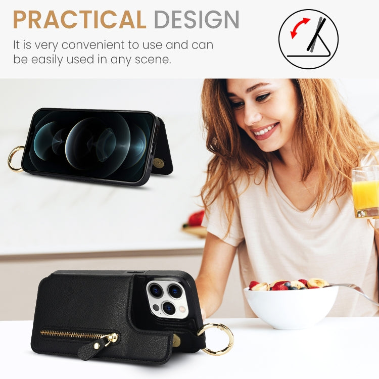 For iPhone 12 Pro Litchi Texture Zipper Double Buckle Card Bag Phone Case(Black) - iPhone 12 / 12 Pro Cases by buy2fix | Online Shopping UK | buy2fix