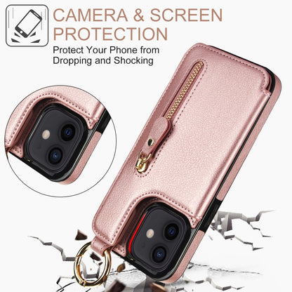 For iPhone 12 mini Litchi Texture Zipper Double Buckle Card Bag Phone Case(Rose Gold) - iPhone 12 mini Cases by buy2fix | Online Shopping UK | buy2fix