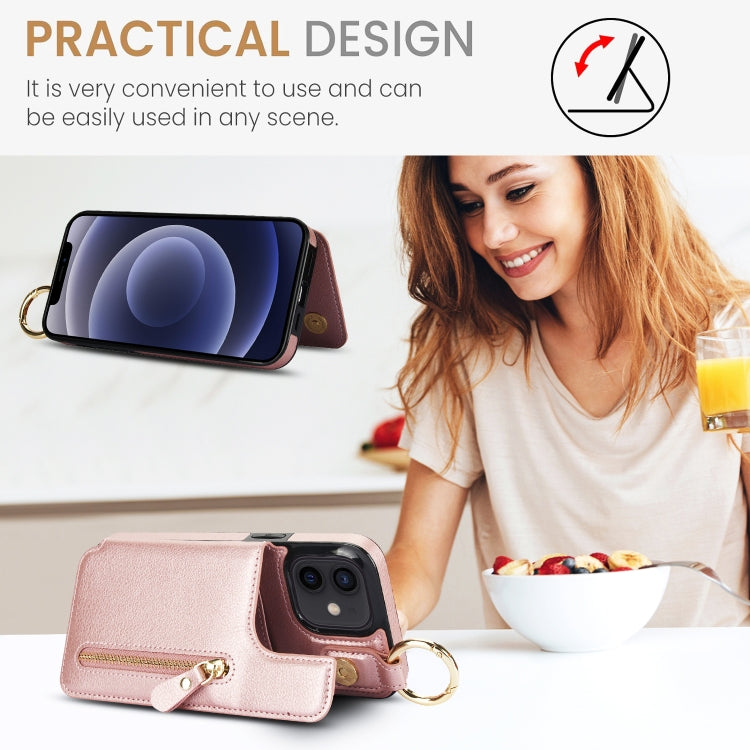 For iPhone 12 mini Litchi Texture Zipper Double Buckle Card Bag Phone Case(Rose Gold) - iPhone 12 mini Cases by buy2fix | Online Shopping UK | buy2fix