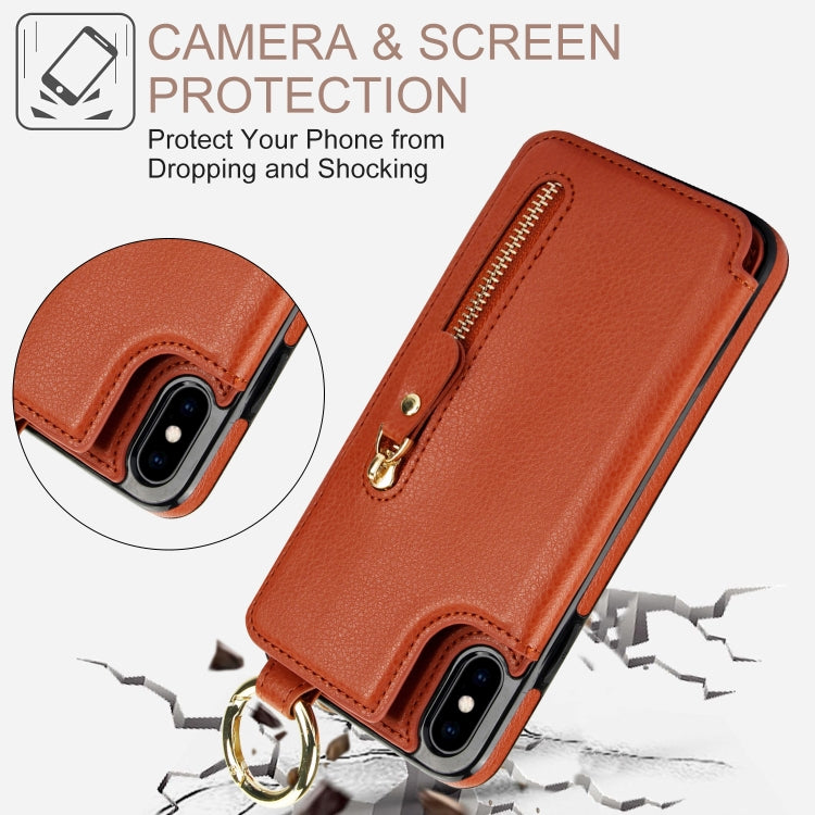 For iPhone XS / X Litchi Texture Zipper Double Buckle Card Bag Phone Case(Brown) - More iPhone Cases by buy2fix | Online Shopping UK | buy2fix