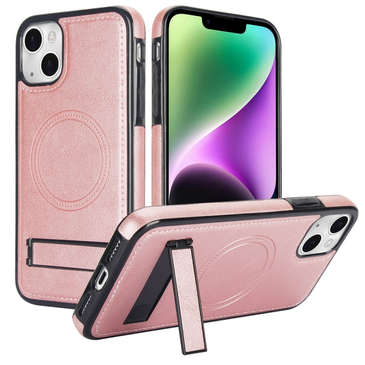 For iPhone 14 Retro Leather Invisible Stand MagSafe Phone Case(Rose Gold) by buy2fix