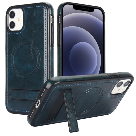 For iPhone 12 / 12 Pro Retro Leather Invisible Stand MagSafe Phone Case(Blue) by buy2fix