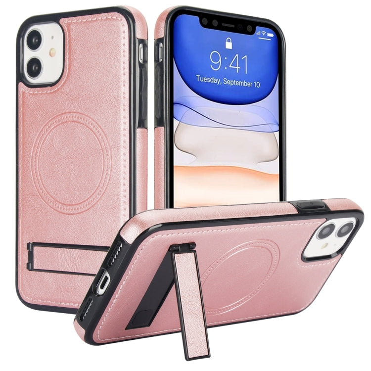 For iPhone 11 Retro Leather Invisible Stand MagSafe Phone Case(Rose Gold) by buy2fix