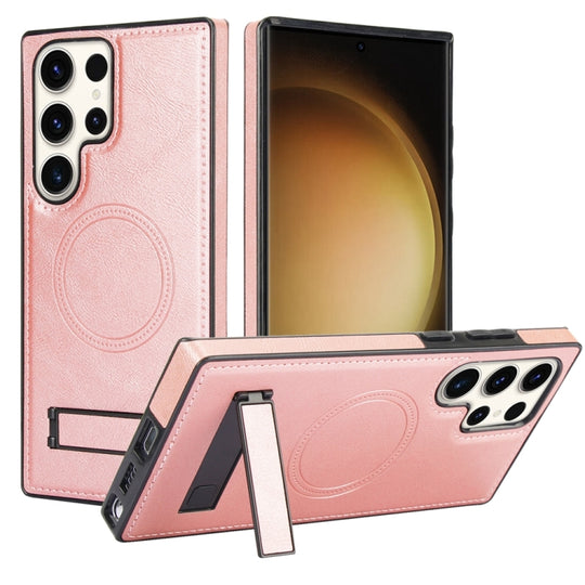 For Samsung Galaxy S23 Ultra 5G Retro Leather Invisible Stand MagSafe Phone Case(Rose Gold)