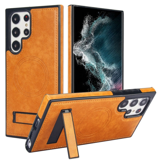 For Samsung Galaxy S22 Ultra 5G Retro Leather Invisible Stand MagSafe Phone Case(Yellow) by buy2fix
