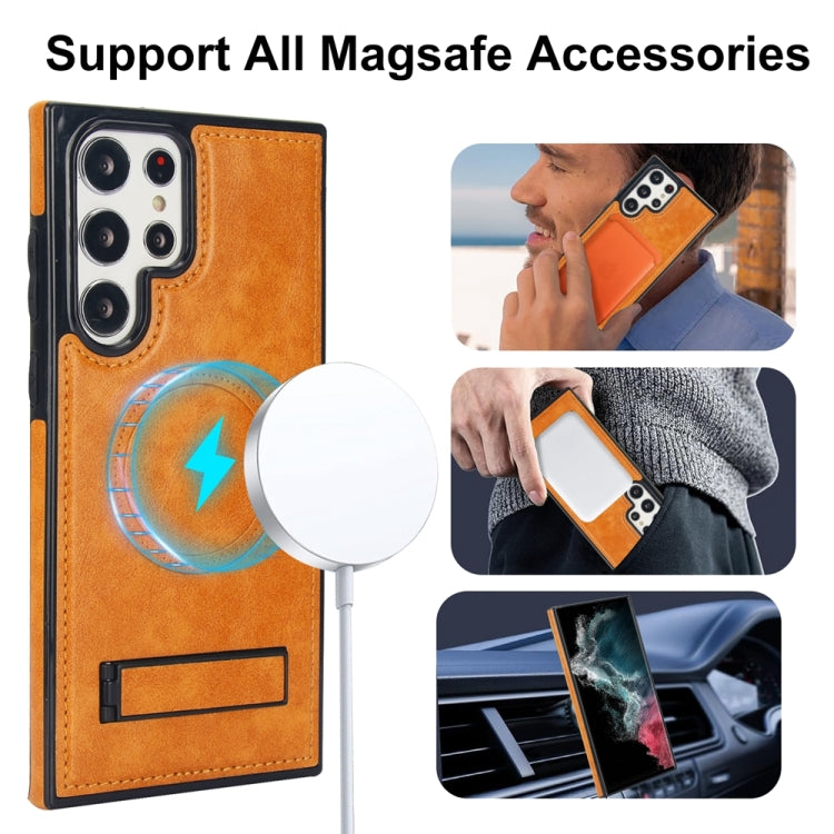 For Samsung Galaxy S22 Ultra 5G Retro Leather Invisible Stand MagSafe Phone Case(Yellow) by buy2fix