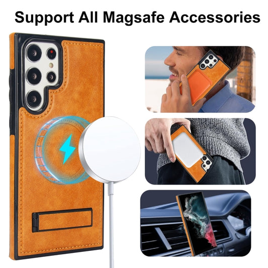For Samsung Galaxy S22 Ultra 5G Retro Leather Invisible Stand MagSafe Phone Case(Yellow) by buy2fix