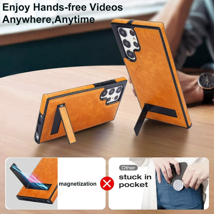 For Samsung Galaxy S22 Ultra 5G Retro Leather Invisible Stand MagSafe Phone Case(Yellow) by buy2fix