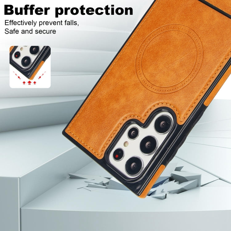 For Samsung Galaxy S22 Ultra 5G Retro Leather Invisible Stand MagSafe Phone Case(Yellow) by buy2fix