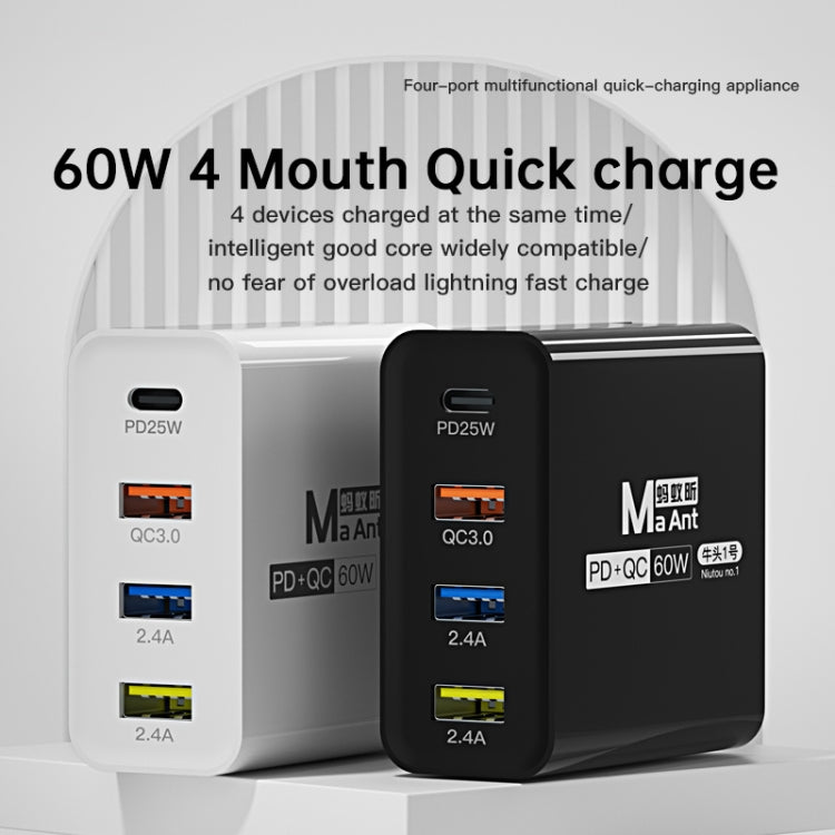 Ma-Ant 60W USB-C/Type-C+3 USB Multi-port Fast Charging Charger, Plug:US Plug(Black) by buy2fix