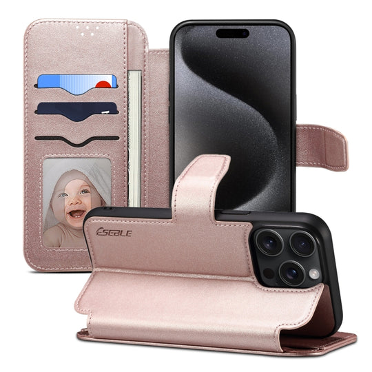 For iPhone 15 Pro ESEBLE E1 Nappa Texture MagSafe Holder Leather Phone Case(Rose Gold)
