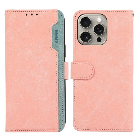 For iPhone 16 Pro Max ABEEL Color Block Magnetic RFID Leather Phone Case(Pink-Cyan)