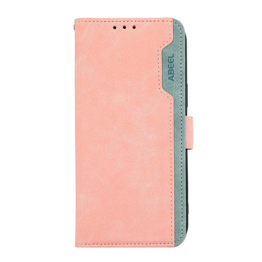 For iPhone 16e ABEEL Color Block Magnetic RFID Leather Phone Case(Pink-Cyan) - iPhone 16e Cases by buy2fix | Online Shopping UK | buy2fix